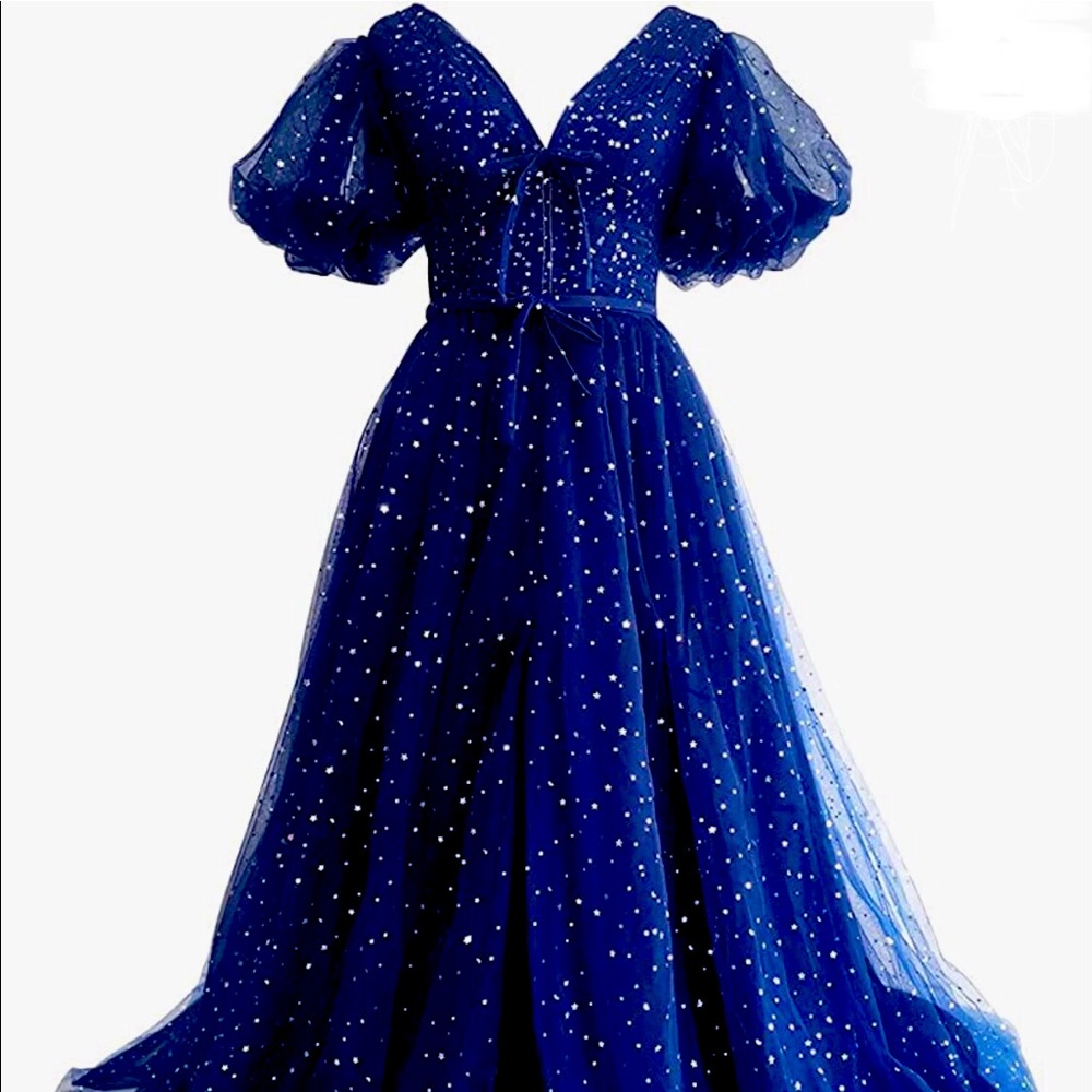 Blue Women’s Sparkly Tulle Puffy Sleeve Formal Gown